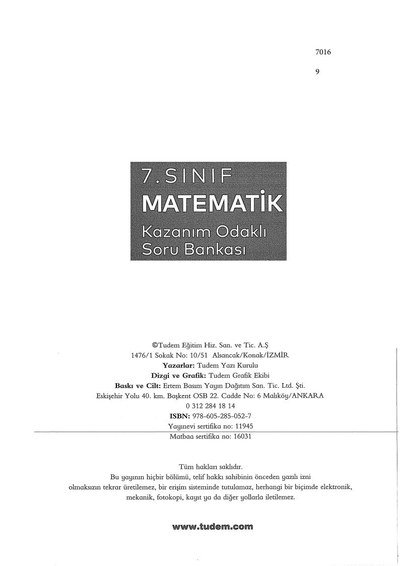MATEMATİK KAZANIM ODAKLI SORU BANKASI SegaCopy Fotokopi Merkezi