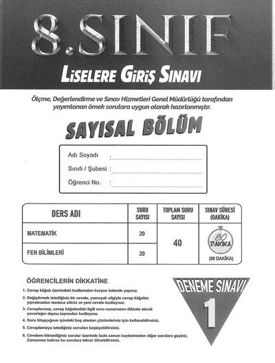 LİSELERE GİRİŞ SINAVI SAYISAL BÖLÜM DENEME SINAVI SegaCopy Fotokopi Merkezi