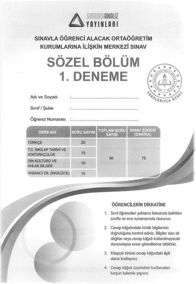 SÖZEL BÖLÜM 1. DENEME MERKEZİ SINAV SegaCopy Fotokopi Merkezi