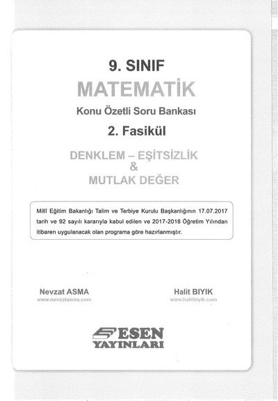 MATEMATİK KONU ÖZETLİ SORU BANKASI 2.FASİKÜL DENKLEM EŞİTSİZLİK & MUTLAK DEĞER SegaCopy Fotokopi Merkezi