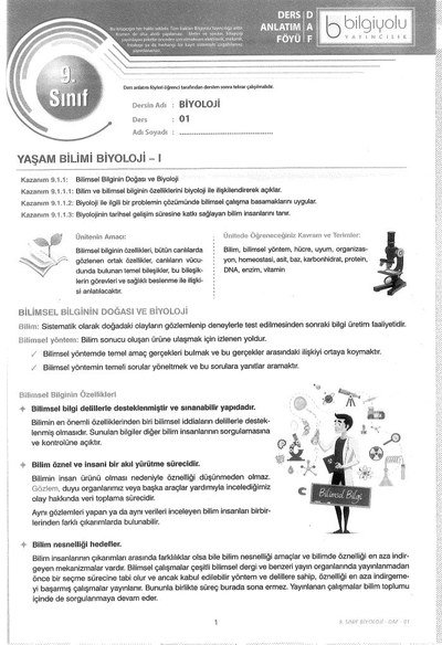 DERS ANLATIM FÖYÜ BİYOLOJİ SegaCopy Fotokopi Merkezi
