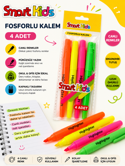 Smart Kids 4 Adet Fosforlu Kalem SegaCopy Fotokopi Merkezi