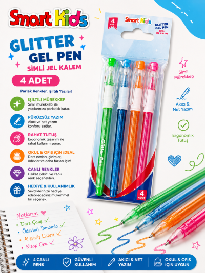 Smart Kids Glitter Simli Jel Kalem 4'lü SegaCopy Fotokopi Merkezi