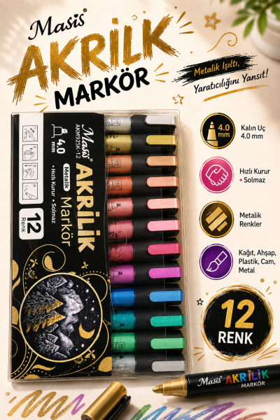 Masis AKRİLİK METALİK MARKÖRÜ 12 Lİ AKM925K-12 SegaCopy Fotokopi Merkezi