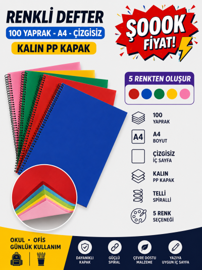Renkli A4 100 Yaprak Çizgisiz Telli Defter SegaCopy Fotokopi Merkezi