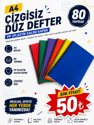 A4 80 Yaprak Çizgisiz PP (Kalın Plastik) KAPAK DEFTER SegaCopy Fotokopi Merkezi