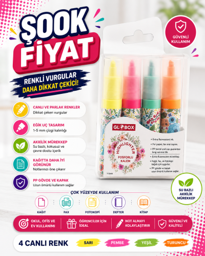 Globox Fosforlu Kalem Baskılı 4 Lü Set SegaCopy Fotokopi Merkezi