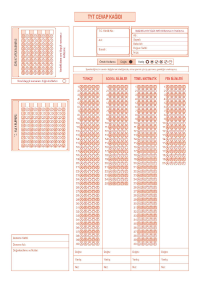 50'Lİ OPTİK FORM RENKLİ A4 ŞEKLİNDE SegaCopy Fotokopi Merkezi