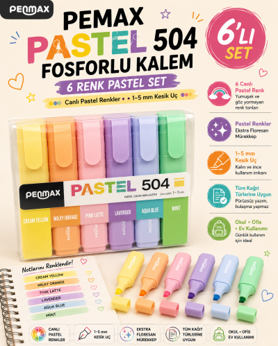 Penmax Fosforlu Işaretleme Kalemi Pastel Renkler 6'lı Set SegaCopy Fotokopi Merkezi