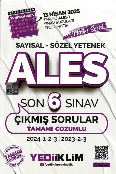 ALES Master Serisi Sayısal Sözel Yetenek Tamamı Çözümlü Son 6 Sınav Çıkmış Sorular Yediiklim Yayınları (2023-2024) SegaCopy Fotokopi Merkezi