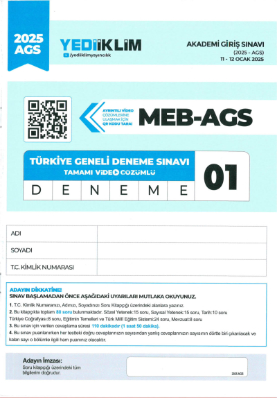2025 MEB AGS TÜRKİYE GENELİ DENEME SINAVLARI YEDİİKLİM YAYINLARI 1-2-3-4-5 DENEMELER (QR ÇÖZÜMLÜ) SegaCopy Fotokopi Merkezi