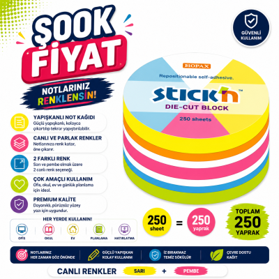 Hopax Stıck'n 21830 Yapışkanlı Yuvarlak Blok Neon 250 Yaprak SegaCopy Fotokopi Merkezi