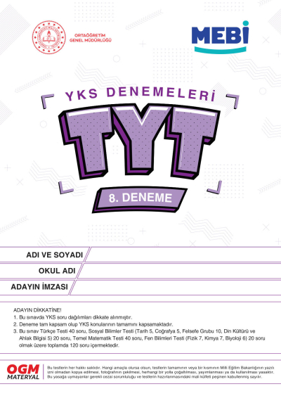 MEBİ YKS Denemeleri TYT 8. Deneme SegaCopy Fotokopi Merkezi