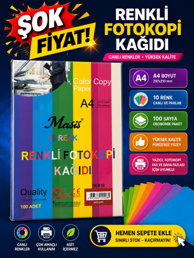 10 Renk 100 Sayfa Renkli Fotokopi Kağıdı SegaCopy Fotokopi Merkezi