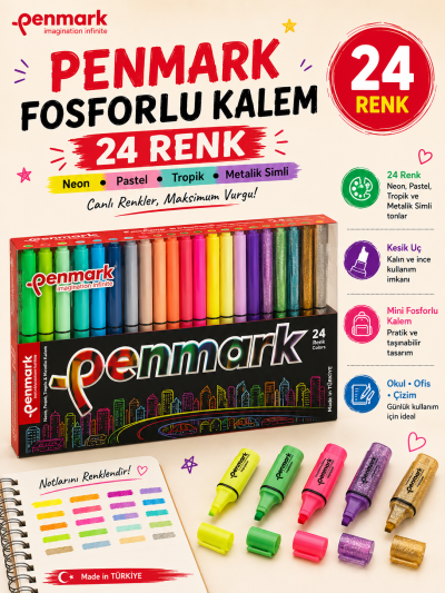 Penmark Fosforlu Kalem 24 Lü Süper Kutu 6 Neon+6 Pastel+6 Tropik+6 Simli