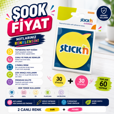 2 Neon Renk Yuvarlak Konuşma Balonu 60 Yaprak 76x76 Yapışkanlı Not Kağıdı SegaCopy Fotokopi Merkezi