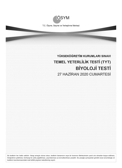 BİYOLOJİ SON 11 YIL ÇIKMIŞ SORULAR (TYT) (2020 DAHİL) SegaCopy Fotokopi Merkezi