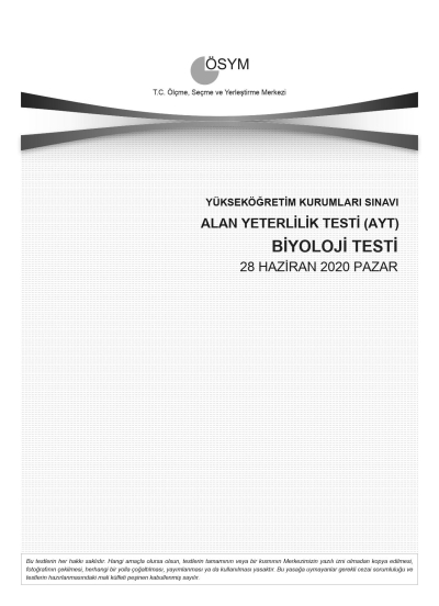 BİYOLOJİ SON 11 YIL ÇIKMIŞ SORULAR (AYT) (2020 DAHİL) SegaCopy Fotokopi Merkezi