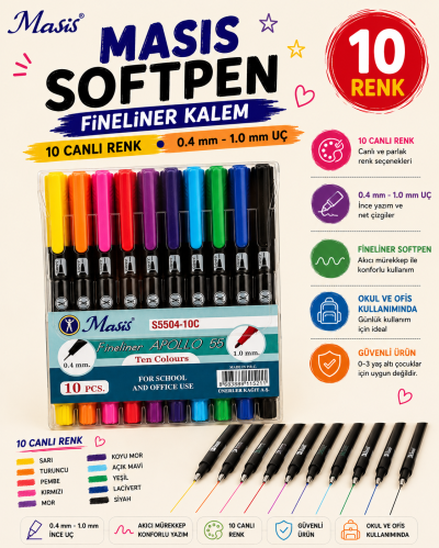 Masis Fineliner Apollo 55 İki Uçlu Kalem 10Lu SegaCopy Fotokopi Merkezi