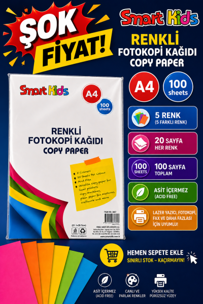 5 Renk 100 Sayfa Renkli Fotokopi Kağıdı Smart Kids SegaCopy Fotokopi Merkezi