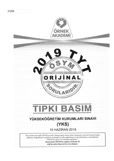 2019 TYT Deneme - TYT Türkiye Geneli Deneme Sınavı-1 (PEGEM) SegaCopy Fotokopi Merkezi