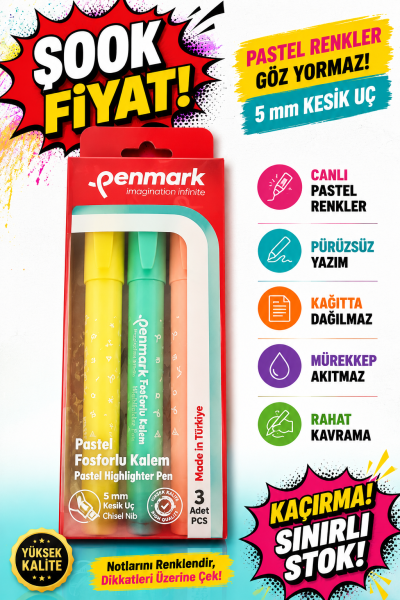 Penmark Kalem Tipi Fosforlu Kalem 3 Lü Bristol Pastel SegaCopy Fotokopi Merkezi