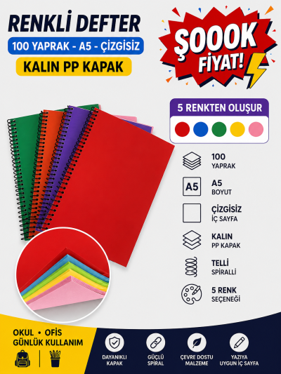 Renkli A5 100 Yaprak Çizgisiz Telli Defter SegaCopy Fotokopi Merkezi