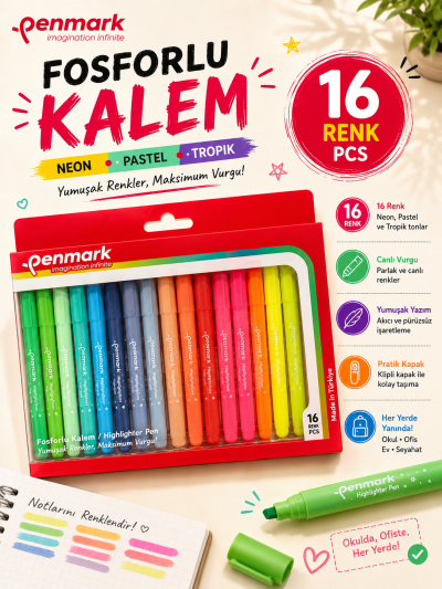 Penmark Kalem Tipi Fosforlu Kalem 18 Li Bristol Neon+Pastel+Tropik