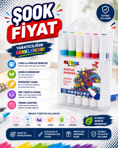 Globox Akrilik Marker Kalem Seti 12 Renk SegaCopy Fotokopi Merkezi