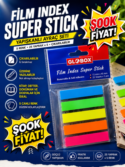 Globox Film İndex 25 Yaprak 5 Renk Kitap Defter Ayraç SegaCopy Fotokopi Merkezi