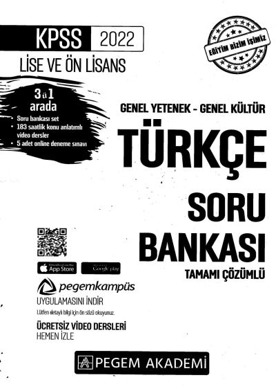 2022 KPSS LİSE VE ÖNLİSANS TÜRKÇE SORU BANKASI SegaCopy Fotokopi Merkezi