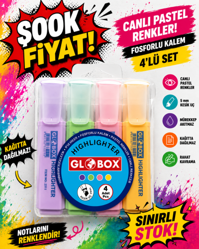 Globox Fosforlu Kalem Pastel Renk 4.lü SegaCopy Fotokopi Merkezi