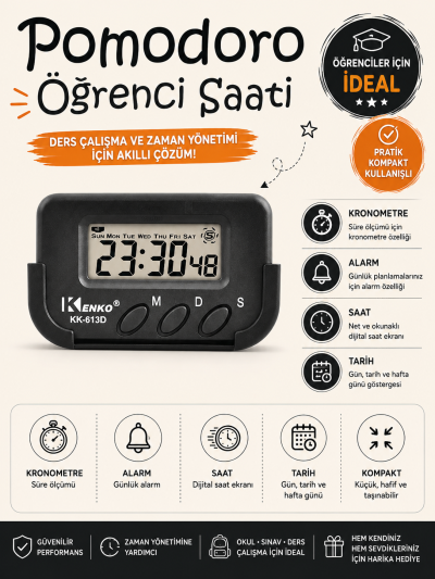 Kenko Pomodoro Öğrenci Saati - Kronometreli Ders Çalışma Saati - Dijital Masa Saati Kenko KK-613D SegaCopy Fotokopi Merkezi