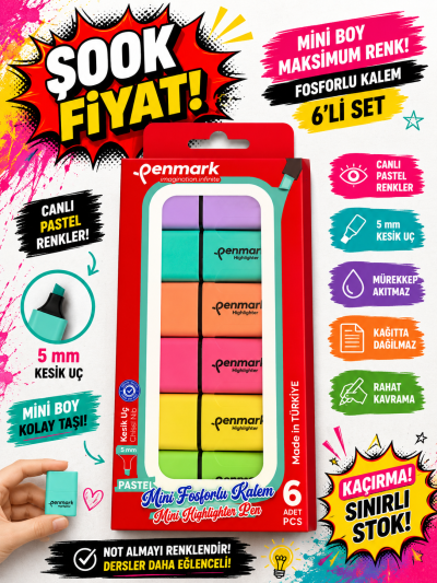 MİNİ FOSFORLU KALEM 6 LI PASTEL PENMARK SegaCopy Fotokopi Merkezi